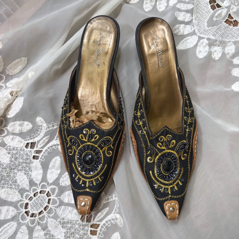 Vintage Whimsical Gothic 7 Black Gold Beaded Embroidered Kitten Heel Mules